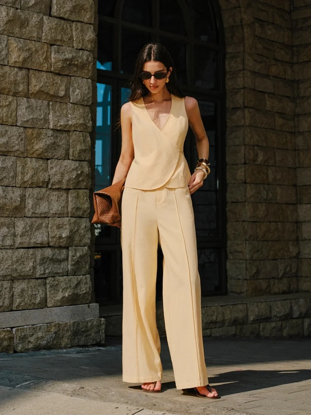 Commense SET Cotton & Linen Wrap Top With Pants Set - Picture 1 of 8